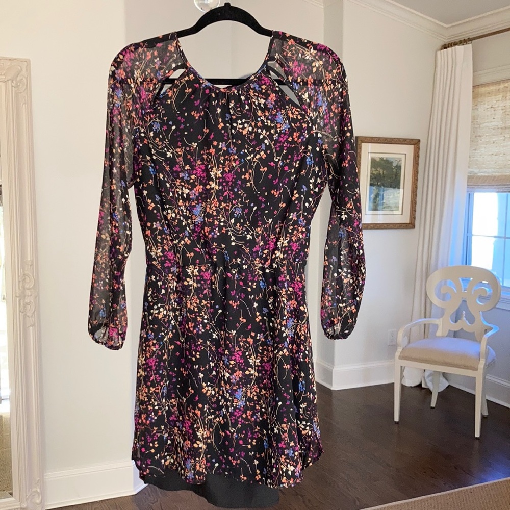 Aqua long sleeve floral print short dress